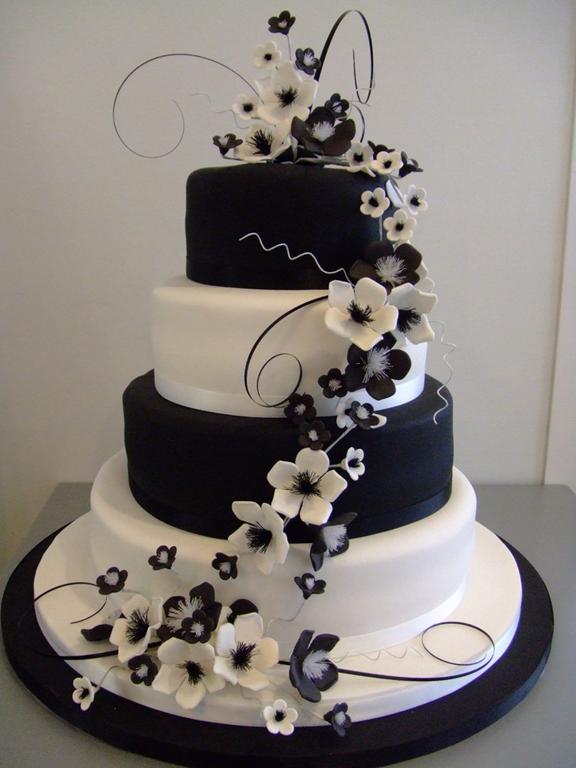Black and white blossom cascading wedding cake