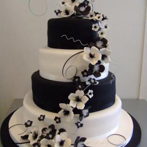 Black and white blossom cascading wedding cake